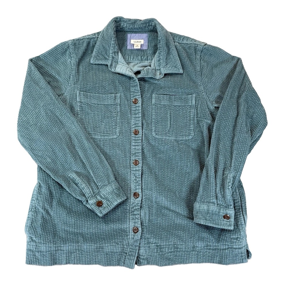 Vintage LL Bean Womens Corduroy Button Up Shirt Green Jacket Medium
